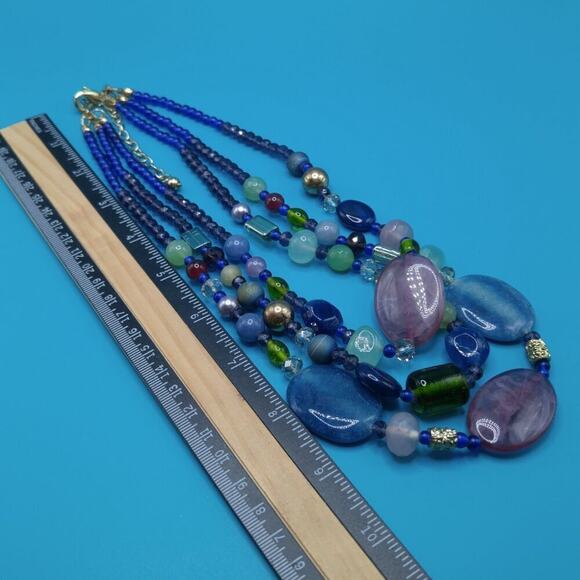 Chico’s Three Strand Gemstone Glass Beaded Necklace Blue Green Purple 22” - Picture 4 of 10